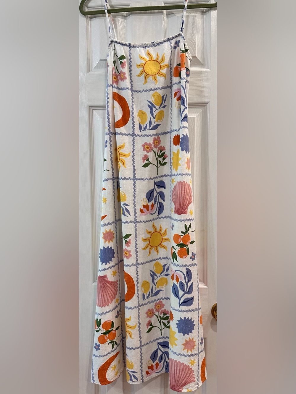 Paper Heart "Costa" Celestial/ Nautical Block Print Linen Blend Maxi Dress - L